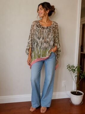 Elle Animal-Print Poncho Blouse in Taupe, Green & Pink